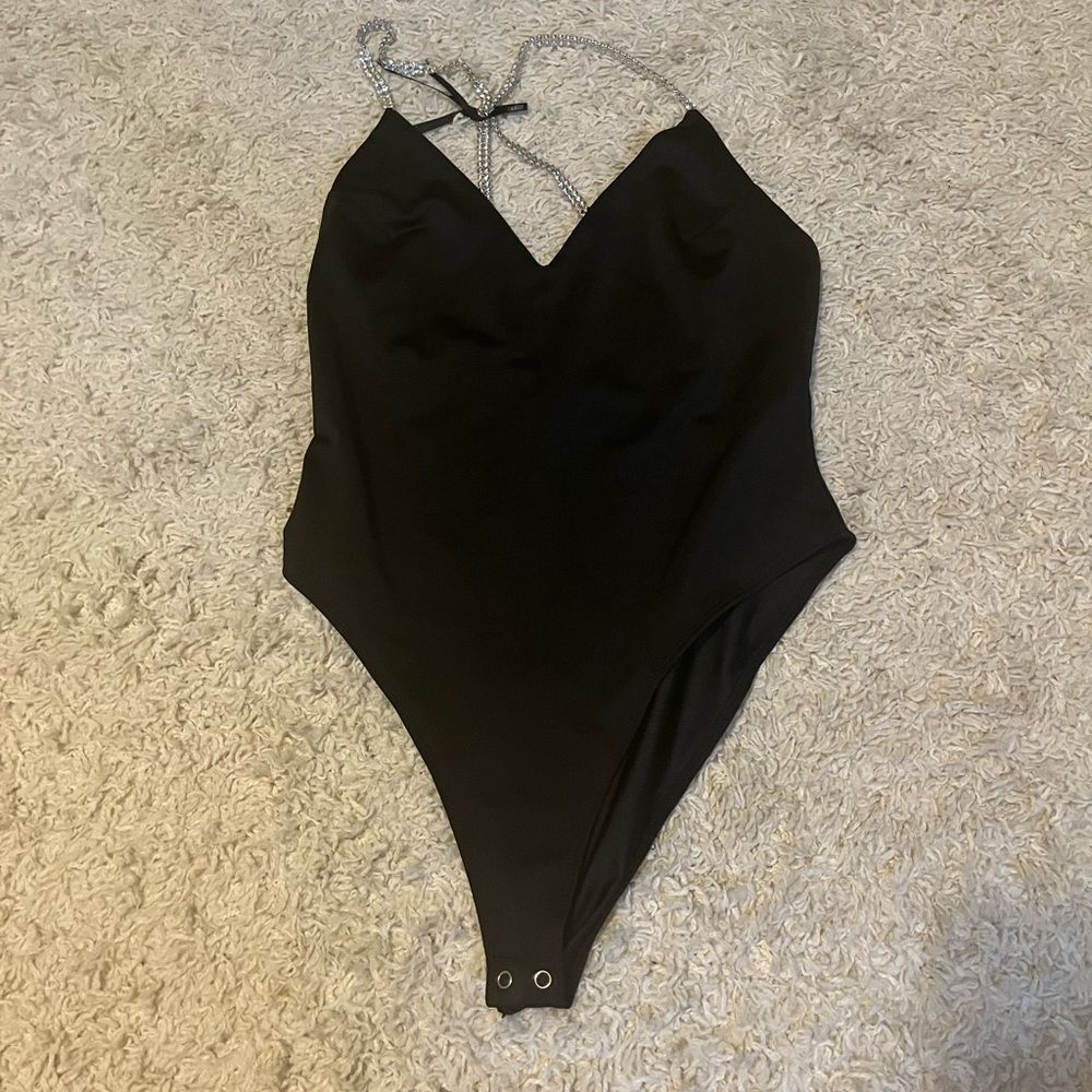 forever 21 black rhinestone open back bodysuit size medium